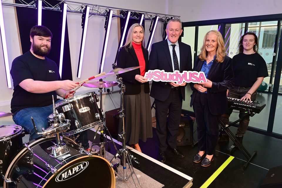 Southern Regional College creative music and audio production students Danny Nugent and Sophie Bullock are pictured with (from left) Southern Regional College chief executive Lee Campbell, Economy Minister Conor Murphy and Mary Mallon, head of education at British Council Northern Ireland