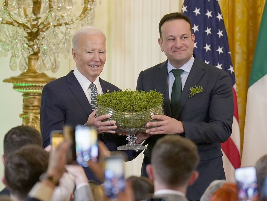 Former taoiseach Leo Varadkar with then US president Joe Biden during the St Patrick’s Day Reception and Shamrock Ceremony at the White House in 2024 (Niall Carson/PA)