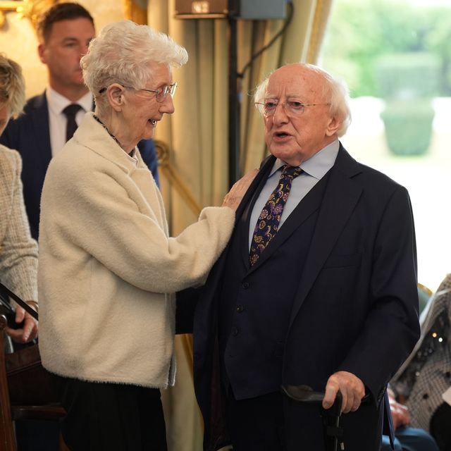 Michael D Higgins and Bridget McDermott during the reception at Aras an Uachtarain in Dublin (Niall Carson/PA)