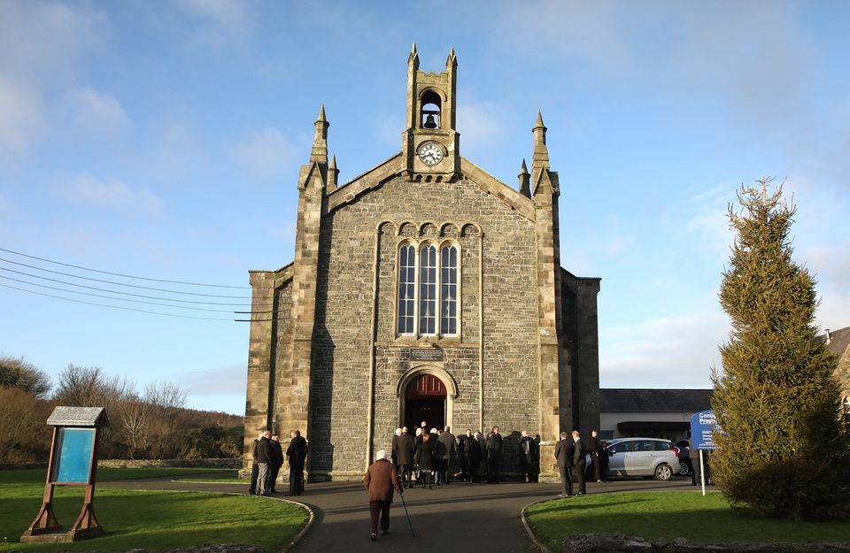 Funeral of Dr Ian Adamson arrives at Conlig Presbyterian church. Pic by Peter Morrison