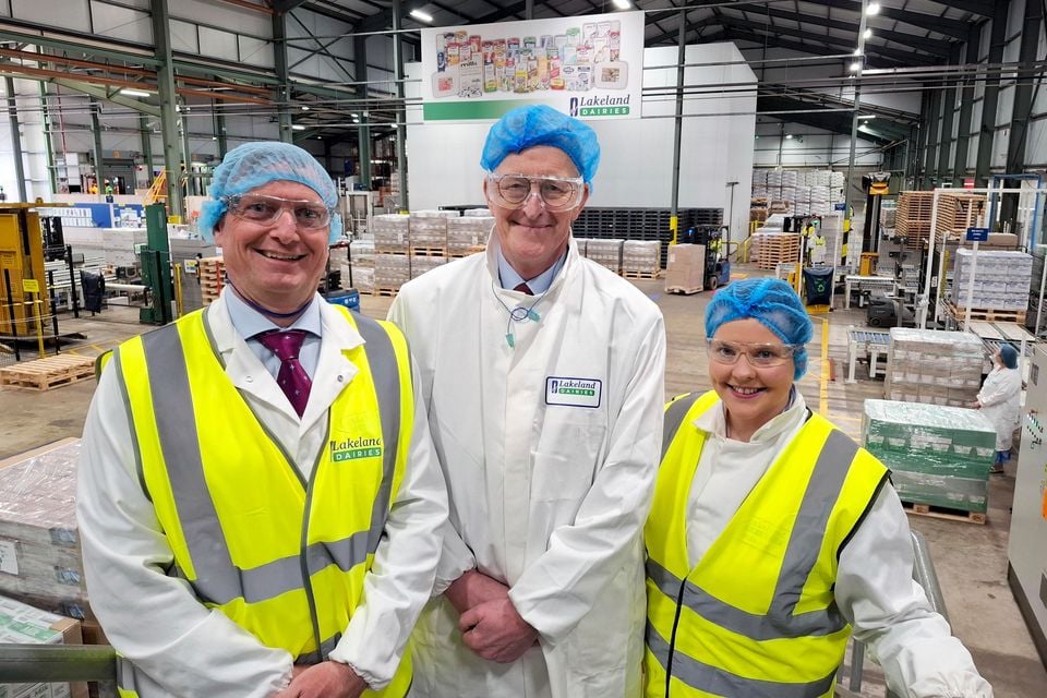 From left: Lakeland Dairies' head of site operations Peter McIlwaine with the Secretary of State for Northern Ireland Hilary Benn MP and Lakeland Dairies' quality manager Teresa Lagan