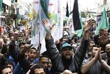 thumbnail: Hundreds of Hamas supporters protest in Damascus, Syria on Saturday Dec. 27, 2008 against an Israeli raid on Gaza that killed some 145 Palestinians. Israeli warplanes attacked dozens of security compounds across Hamas-ruled Gaza on Saturday in unprecedented waves of air strikes. Gaza medics said at least 145 people were killed and more than 310 wounded in the single deadliest day in Gaza fighting in recent memory.  (AP Photo Bassem/ Tellawi)
