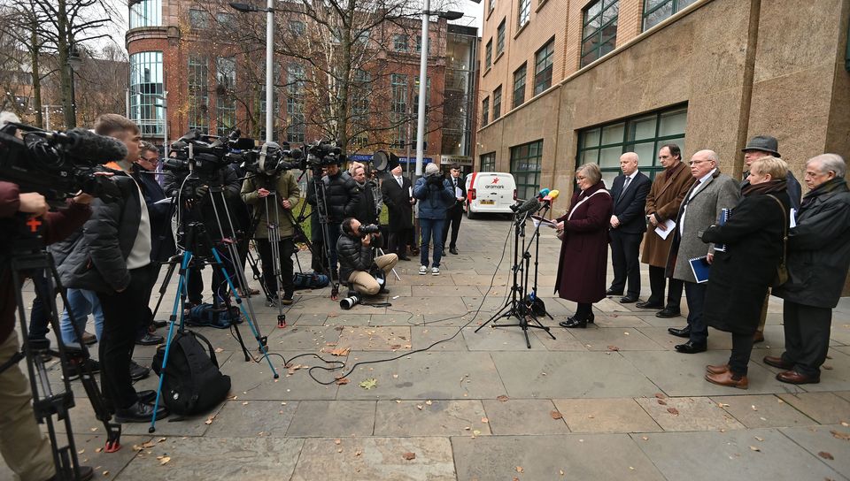 Andrea Nelson speaks to the media at the offices of the Police Ombudsman (Oliver McVeigh/PA)