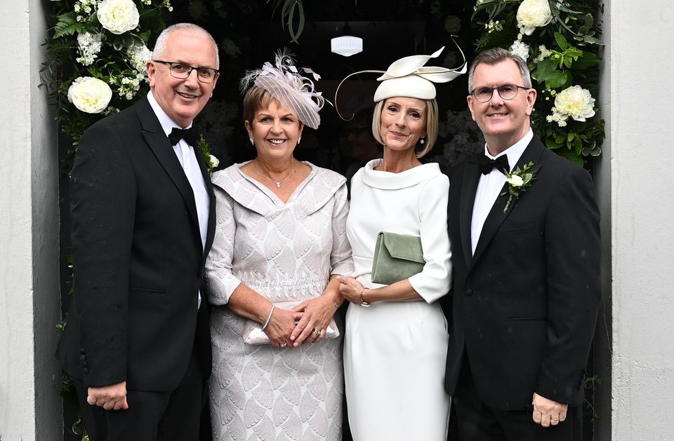 From L-R Danny and Karen Kennedy and Eleanor and Jeffrey Donaldson’s as Happy Couple Philip and Laura got married at Dromore Presbyterian Church on Thursday. Pic Colm Lenaghan/Pacemaker