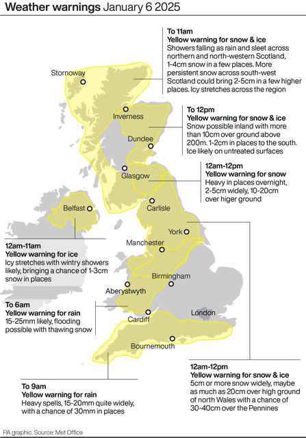 The remaining yellow weather warnings will all end by midday on Monday (PA Graphics)