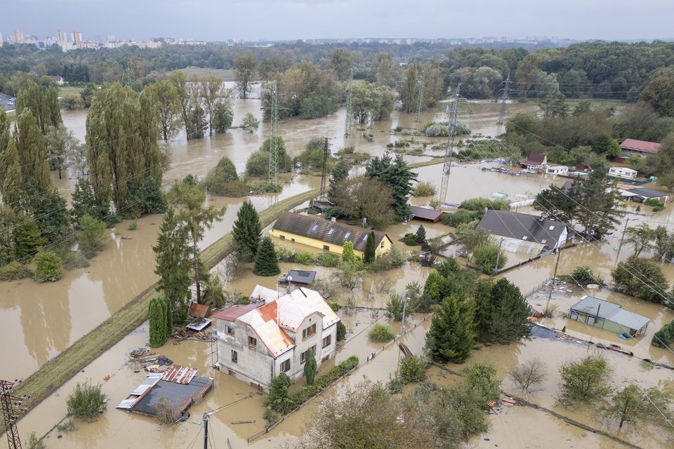 An aerial view of a flooded neighbourhood in Ostrava, Czech Republic (Darko Bandic/AP)