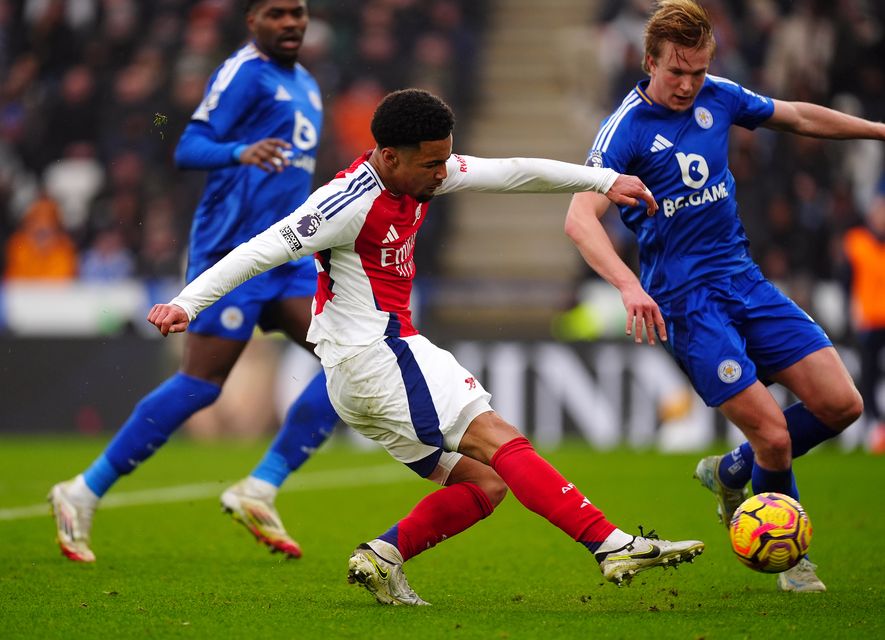 Arsenal’s Ethan Nwaneri shoots during the match at the King Power Stadium (Mike Egerton/PA)