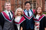 thumbnail: (L-R) Mark Higgins, Wei-han Pak, Hannah McVeigh and Gemma Megarry celebrate their graduation day at Queen's University. Mark graduated with MSc in Atypical Child Development, Wei-Han with MSc in Political Psychology and Hannah and Gemma with MSc in Psychology of Childhood Adversity.