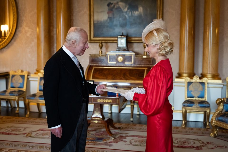 The King carrying out an audience with the ambassador of North Macedonia, Katerina Stavreska, at Buckingham Palace (Aaron Chown/PA)