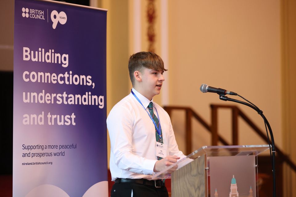 Jack Dalzell from Wellington College speaking at COP 29 Student Climate Negotiation Simulation at Belfast City Hall, Tuesday, Nov 19, 2024.  Picture by Peter Morrison