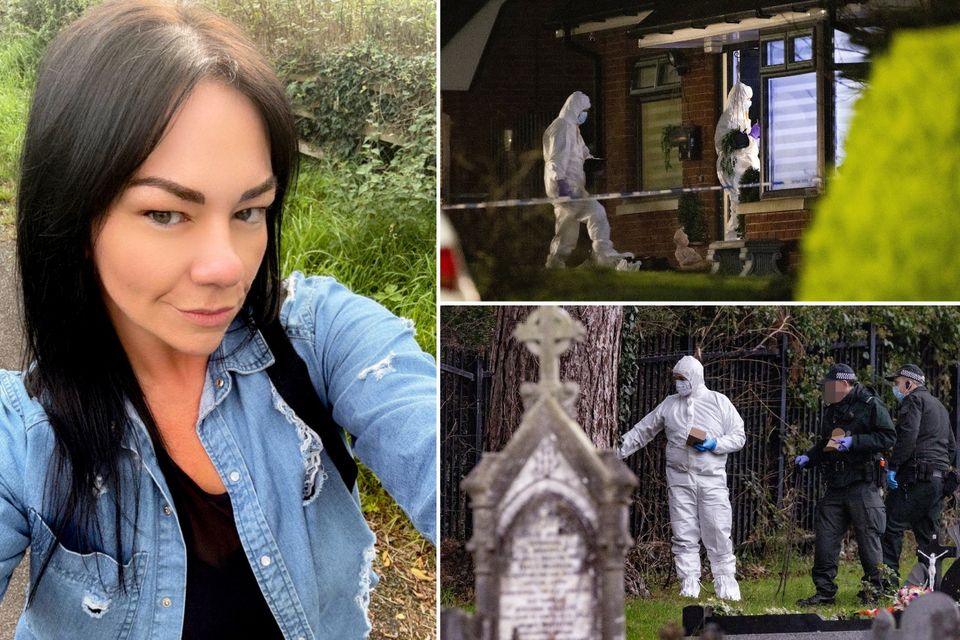 Karen Cummings. Top right: Police recover an item in the nearby St Patrick’s cemetery. Bottom right: Forensics at the scene in Laurel Heights, Banbridge on Saturday evening.