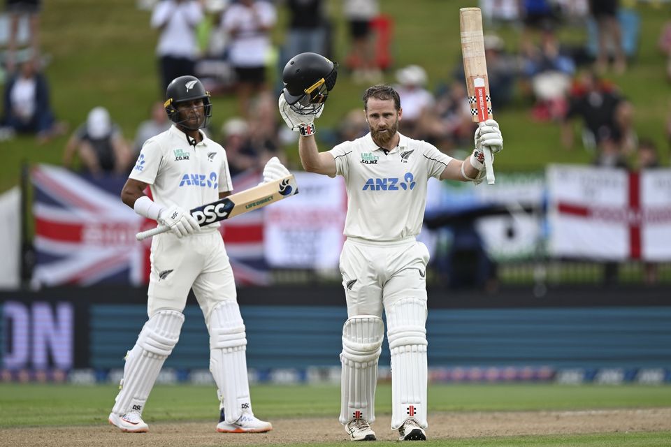 New Zealand’s Kane Williamson celebrates after reaching a century (Andrew Cornaga/Photosport/AP)