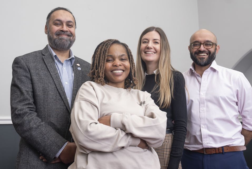 (l to r) Consultant neurosurgeon Asim Sheikh, Ruvimbo Kaviya, biomedical engineer Lisa Ferrie and facial surgeon Jiten Parmar (Danny Lawson/PA)