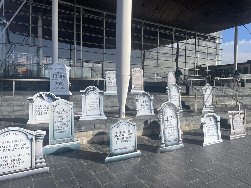 Christian Concern set up tombstones outside the Senedd (George Thompson/PA)