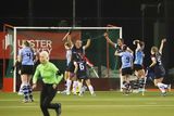 thumbnail: Scarlett Taylor celebrates with her team-mates after scoring during the Belfast Telegraph Ulster Senior Cup Final