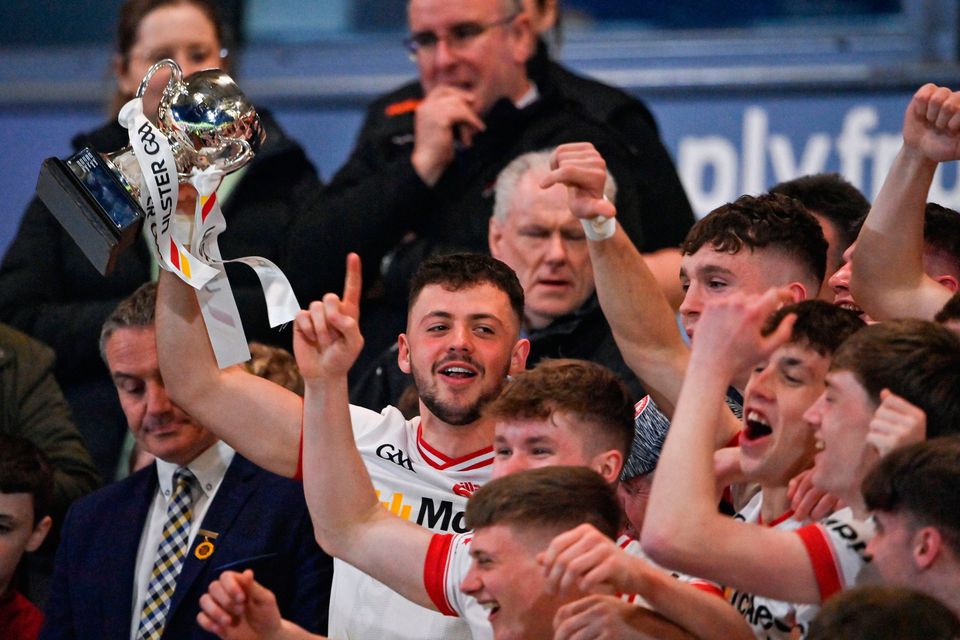 Tyrone captain Michael Rafferty lifts the Ulster U20 title