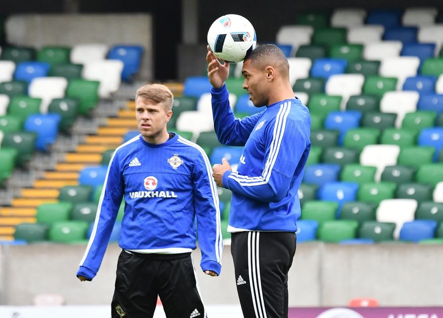 PACEMAKER BELFAST  26/05/2016
Northern Ireland's Josh Magennis and Jamie Ward  during this afternoons training session at the National Stadium. The team play Belarus tomorrow evening before they head to the Euros in France.
PHOTO COLM LENAGHAN/PACEMAKER PRESS
