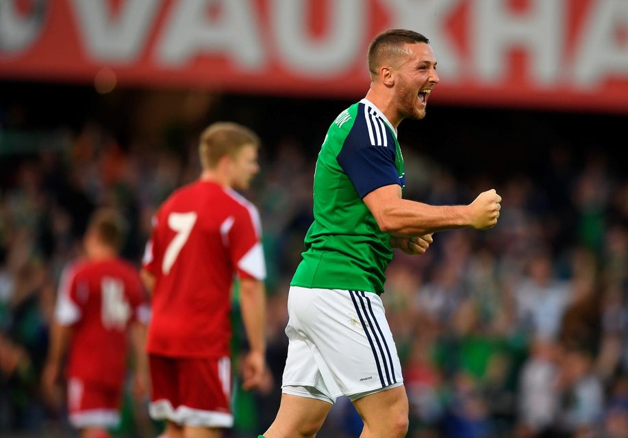 BELFAST, NORTHERN IRELAND - MAY 27: Conor Washington of Northern Ireland celebrates after scoring during the international friendly game between Northern Ireland and Belarus on May 26, 2016 in Belfast, Northern Ireland. (Photo by Charles McQuillan/Getty Images)