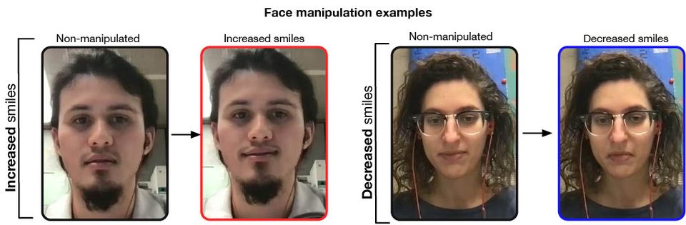 An example of a participant who had his smile enhanced by AI, left, and another volunteer who had their smile decreased (Dr Pablo Arias-Sarah/University of Glasgow/PA)