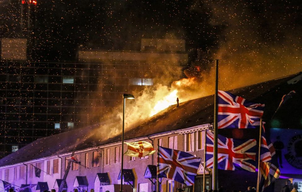 A house catches fire at the Lower Shankill bonfire as it is lit during July 12th celebrations in Belfast , 2016 ( Photo by Kevin Scott / Belfast Telegraph)
