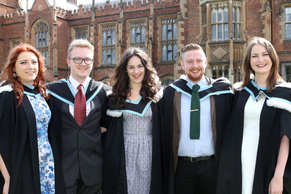 The newest graduates from Queens Universitys School of Planning, Architecture and Civil Engineering and the School of Politics, International Studies and Philosophy include (L-R) Victoria Watts, Joe Swindon, Carys Barry, John Kelly and Aoife Kelly.
Photo/Paul McErlane