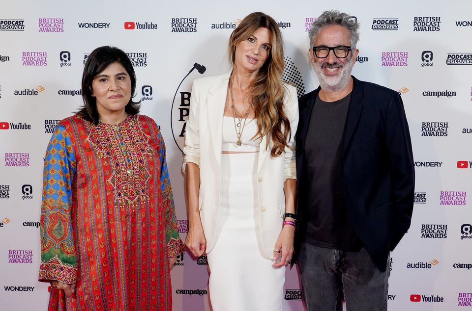 Baroness Sayeeda Warsi, Jemima Khan, and David Baddiel attend the British Podcast Awards 2024 at HERE at Outernet, London (Ian West/PA Wire)