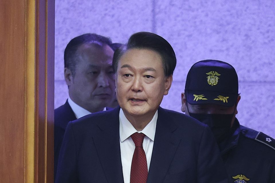 Impeached South Korean President Yoon Suk Yeol arrives for his impeachment trial (Kim Hong-Ji/Pool Photo via AP)