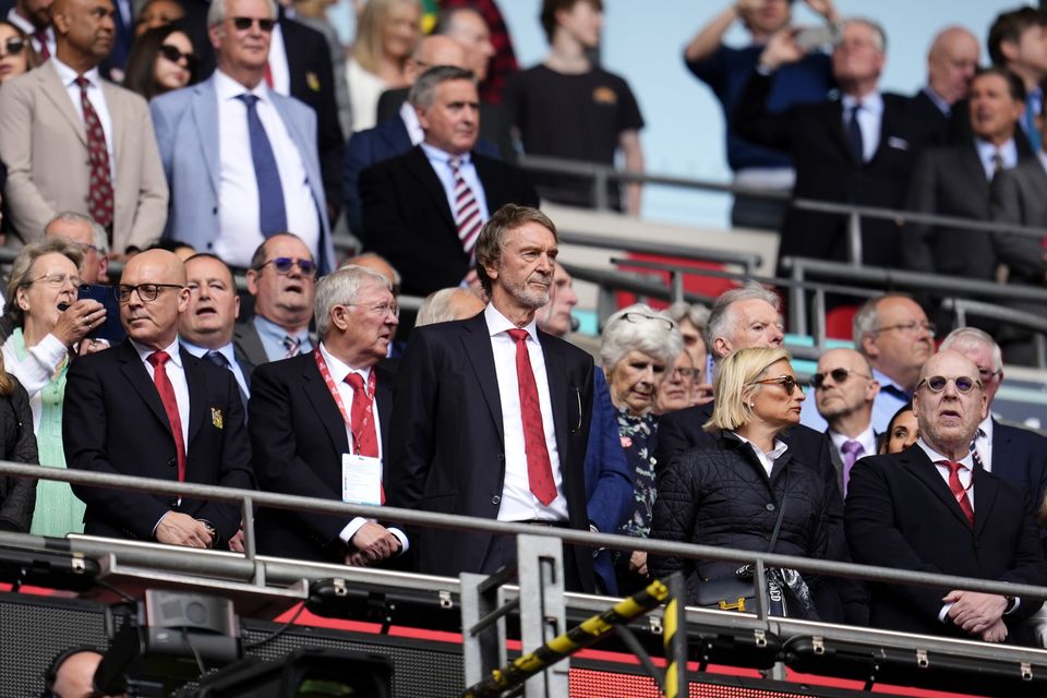 Sir Dave Brailsford, Sir Alex Ferguson, Sir Jim Ratcliffe and Avram Glazer during the FA Cup final earlier this year (Nick Potts/PA)