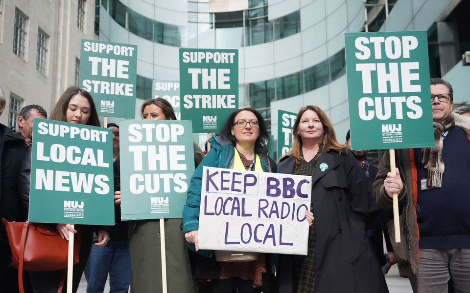 NUJ members on the picket line at Broadcasting House (James Manning/PA)