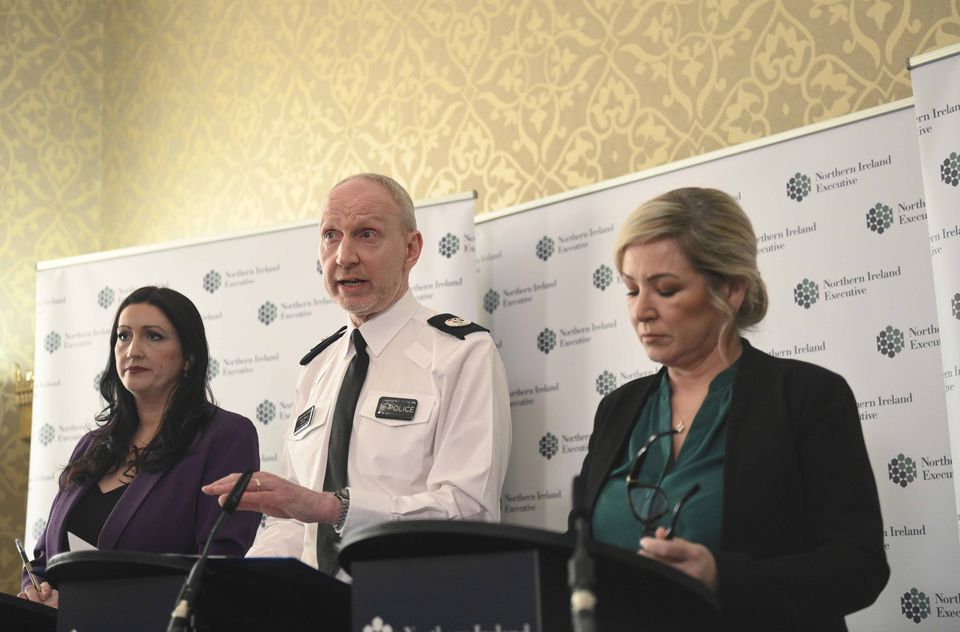 Deputy First Minister Emma Little Pengelly, PSNI ACC Davy Beck and First Minister Michelle O’Neill speak to the media on Thursday (Mark Marlow/PA)