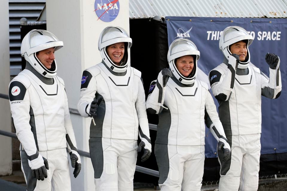 Crew10 members, from left, cosmonaut Kirill Peskov, astronaut Nichole Ayers, astronaut Anne McClain and JAXA astronaut Takuya Onishi ahead of the launch (Terry Renna/AP)