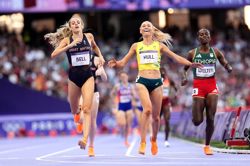 Great Britain’s Georgia Bell (left) wins bronze with Australia’s Jessica Hull (centre) winning silver (Martin Rickett/PA)