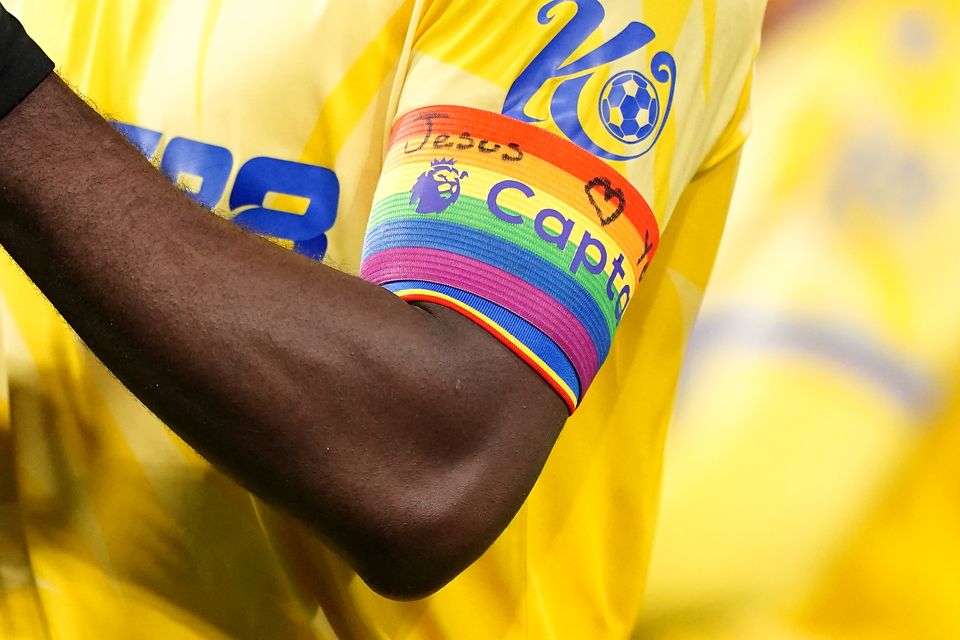 Close up of Crystal Palace’s Marc Guehi wearing the Rainbow Laces captain’s armband (PA)