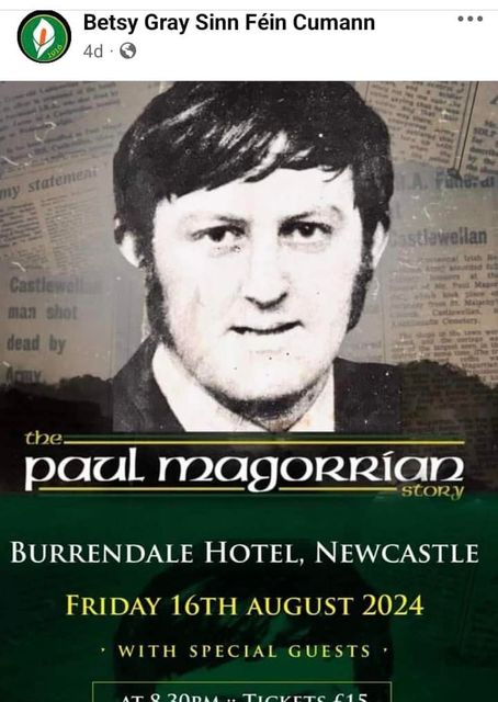 An event commemorating the life of IRA volunteer Paul Magorrian has been advertised to take place in a four-star Co Down hotel in August