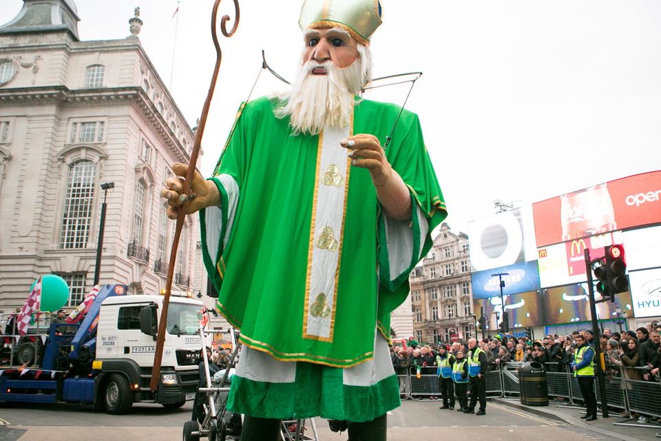 A mobile figure of St. Patrick at the Mayor of London's St Patrick's Day Parade and Festival in London. Daniel Leal-Olivas/PA Wire.
