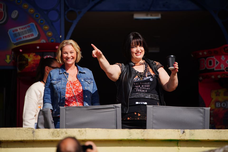 Joanna Page, who plays Stacey Shipman (left) and Ruth Jones, who plays Nessa Jenkins, during filming for the Gavin And Stacey Christmas Day special at Barry in the Vale of Glamorgan in September (Ben Birchall/PA)