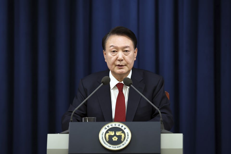 South Korean President Yoon Suk Yeol speaks during a press briefing at the presidential office in Seoul (South Korea Unification Ministry via AP)