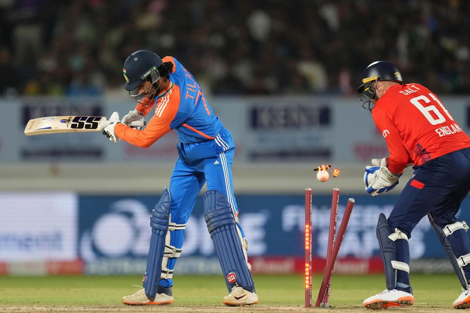 Tilak Varma was bowled by England leg-spinner Adil Rashid (Ajit Solanki/AP)