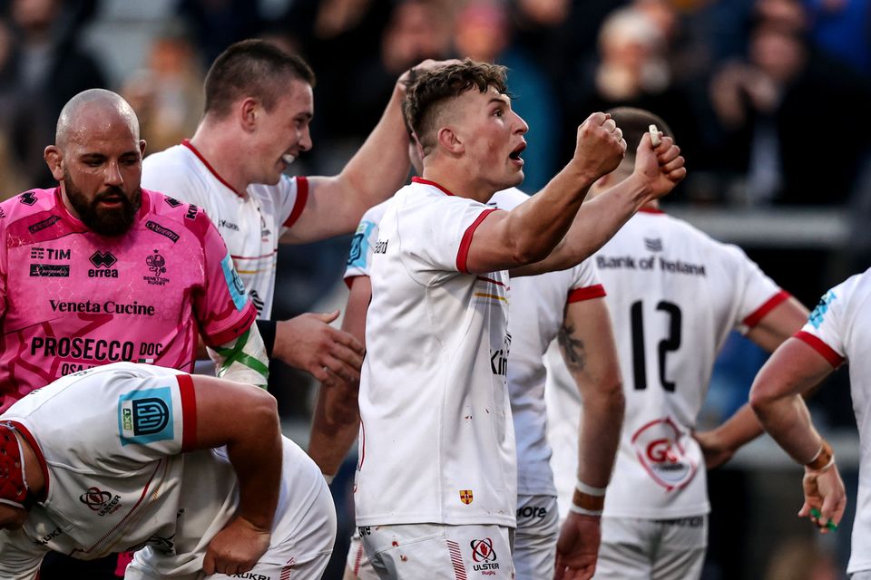 Ulster’s up-and-coming talent Reuben Crothers celebrates Jacob Stockdale's try against Benetton