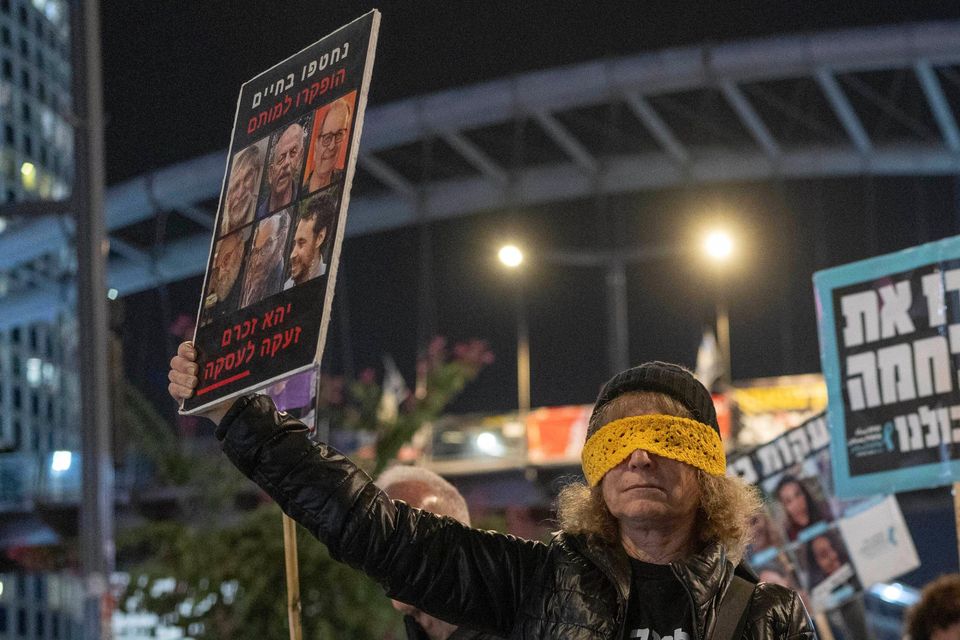 Israelis protest against Prime Minister Benjamin Netanyahu’s government and call for the release of hostages held in the Gaza Strip (Ohad Zwigenberg/AP)