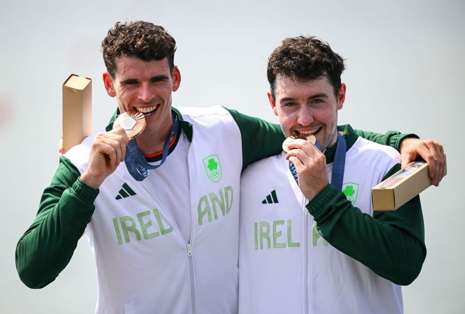 Banbridge rower Philip Doyle (left) and double sculls partner Daire Lynch celebrate their Olympic bronze medal win. (Photo By Stephen McCarthy/Sportsfile via Getty Images)