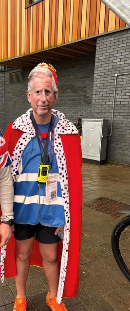 ‘The king of parkrun’ Darren Wood dressed as King Charles III for parkrun on the coronation weekend in May 2023 (Handout/PA)