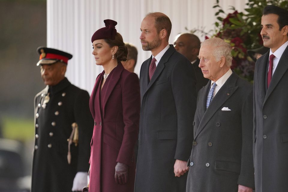 The royals and their guests at a ceremonial welcome at Horse Guards Parade (Kin Cheung/PA)