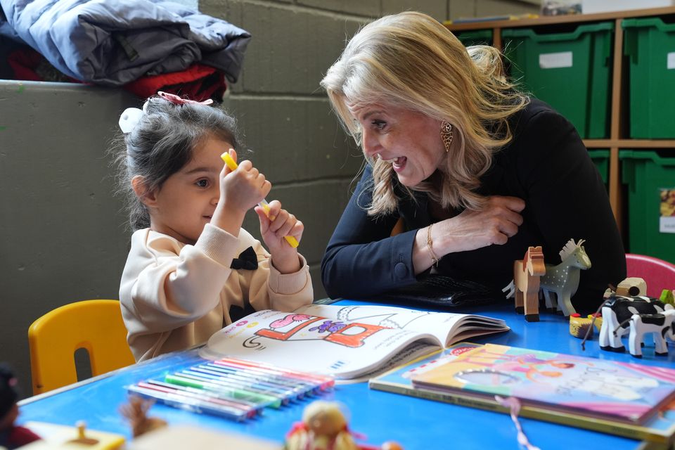 The Duchess of Edinburgh chatting to a little girl during a visit to the Mothers’ Union’s English for Women project in Chelmsford, Essex (Lucy North/PA)