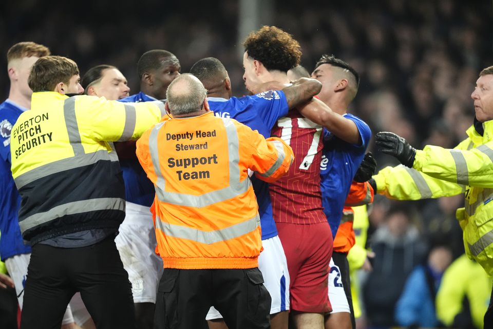 Tempers boiled over following a dramatic end to the Merseyside derby at Goodison Park on Wednesday night (Nick Potts/PA)