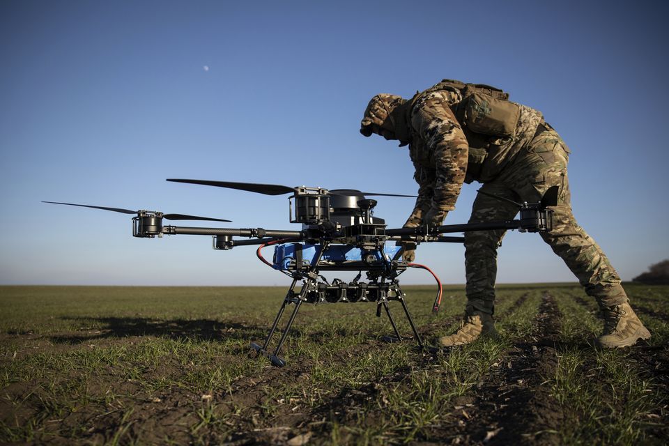 A Ukrainian serviceman prepares a Vampire attack drone near the front line in the Donetsk region, Ukraine (Roman Chop/AP)