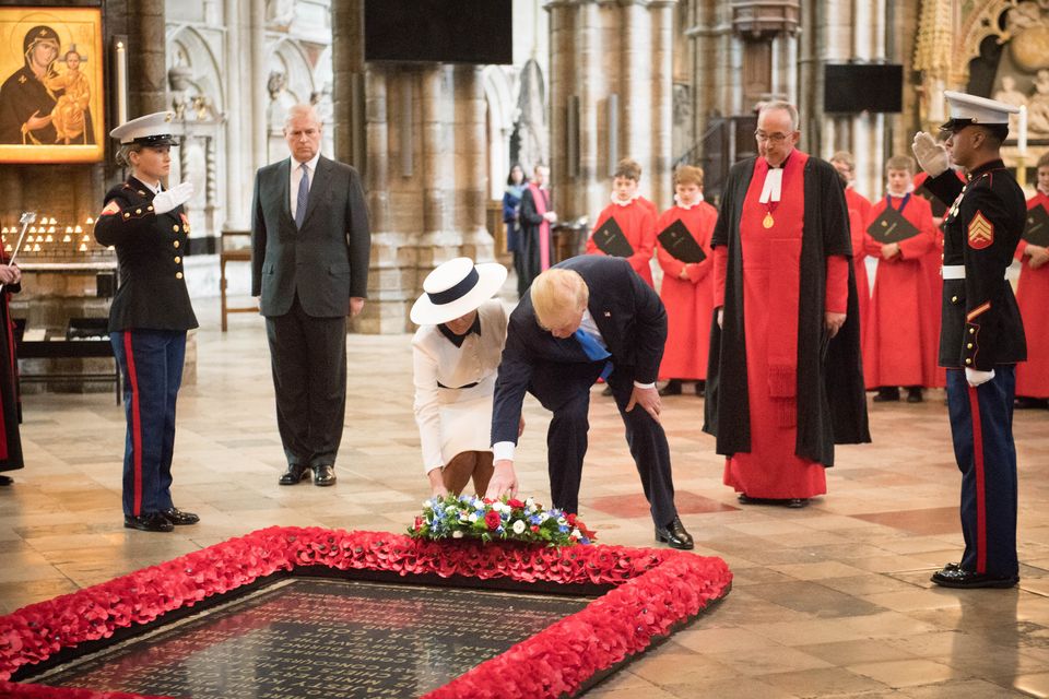 Donald Trump, with his wife Melania and the Duke of York, places a wreath on the Grave of the Unknown Warrior at Westminster Abbey (Stefan Rousseau/PA)