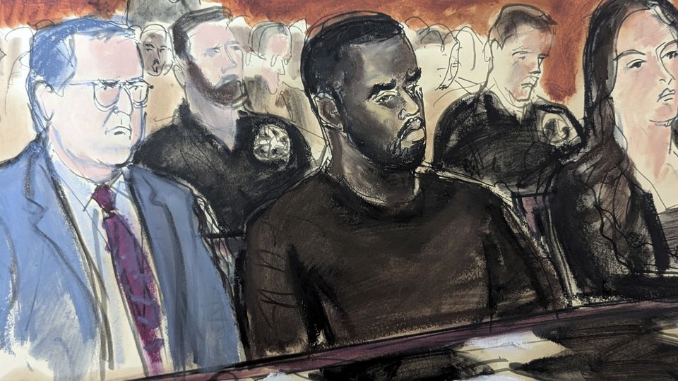 An artist’s impression shows Sean Combs, centre, flanked by his lawyers in Manhattan Federal Court (Elizabeth Williams via AP)