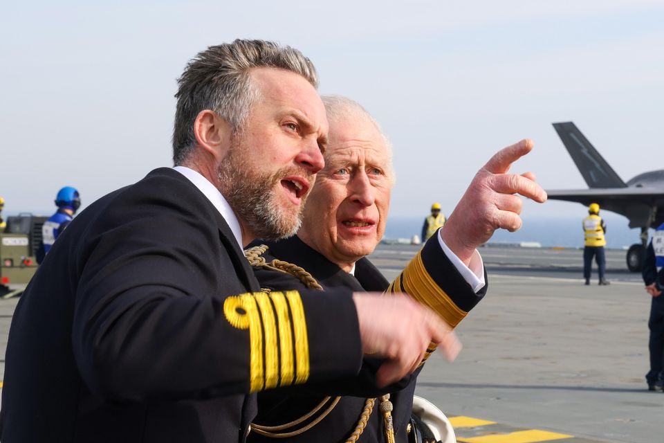 Charles watched F-35B fighter jets carry out landing exercises on the deck of the Portsmouth-based carrier (PO Phot Rory Arnold/PA)