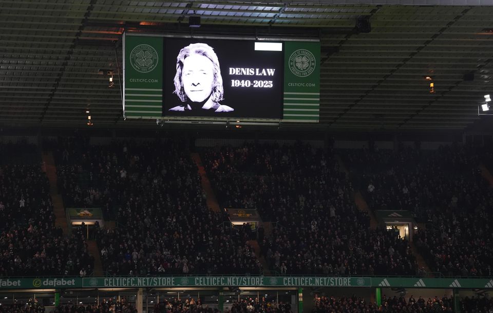 A tribute for Denis Law was shown on the big screen before the Scottish Cup fourth round match between Celtic and Kilmarnock (Andrew Milligan/PA)